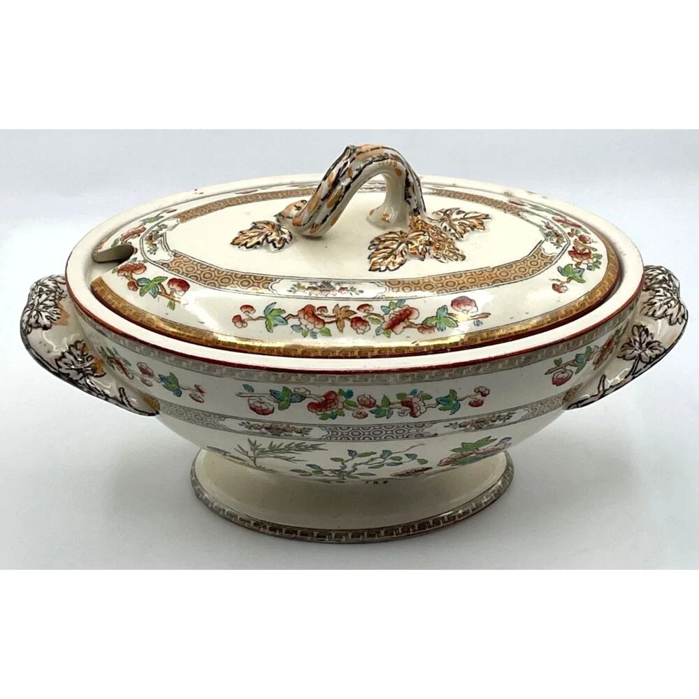 Rare Antique Copeland Indian Tree Tureen w/ Handles Spoon Notch 8x5x4